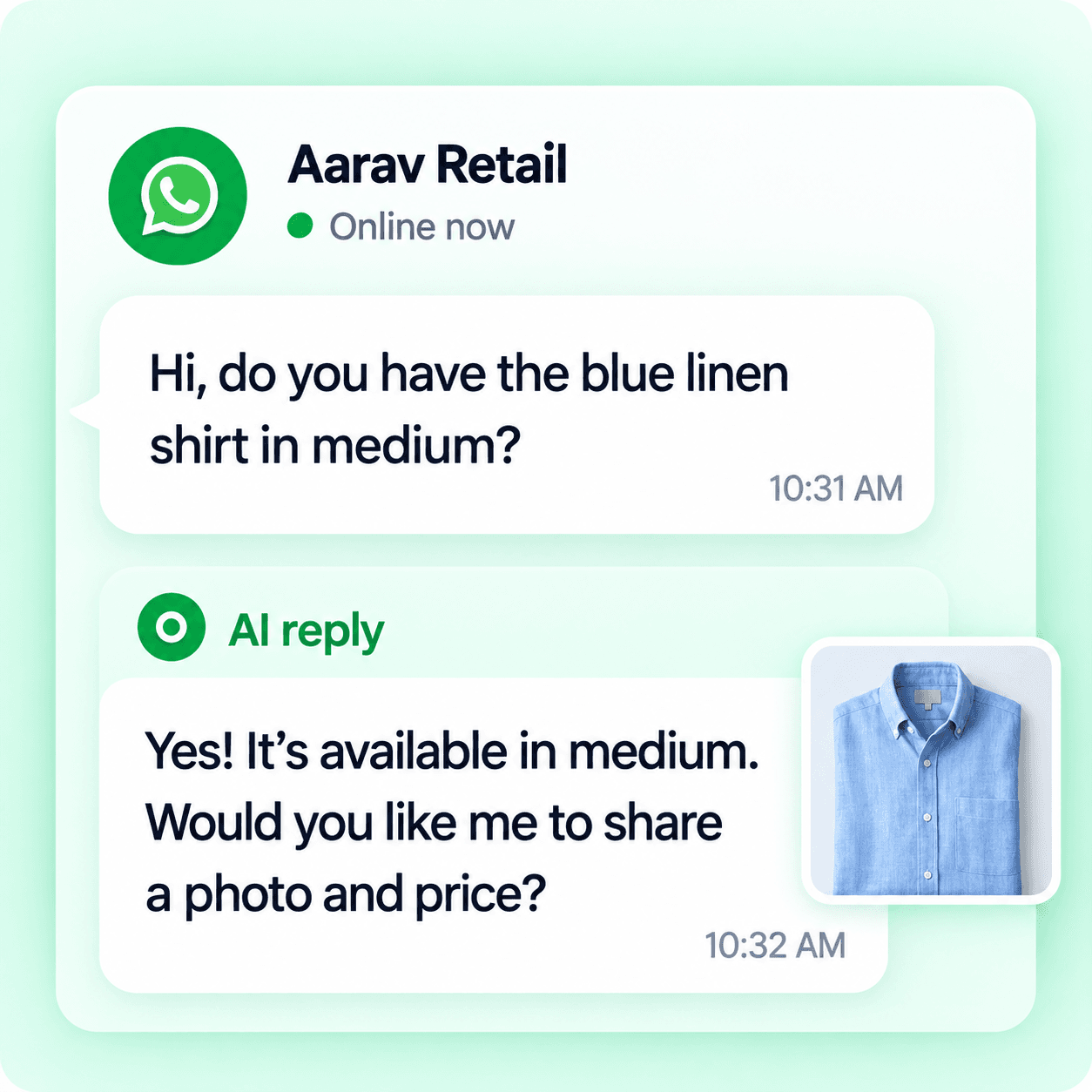 Illustrated WhatsApp ecommerce chatbot conversation about a blue linen shirt