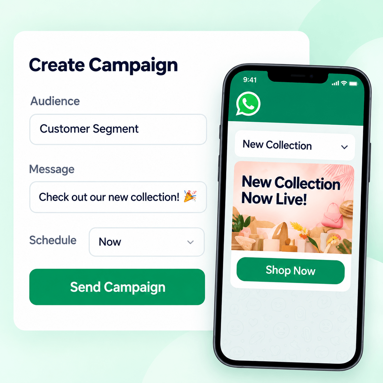 Illustration of a campaign editor with a WhatsApp preview
