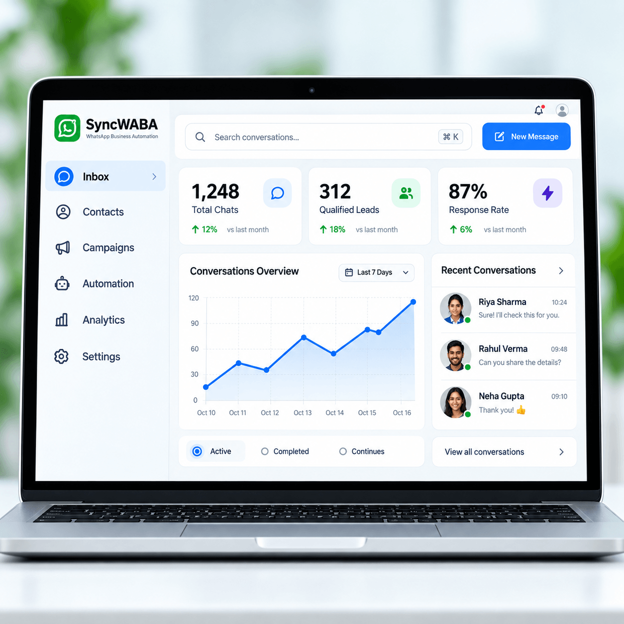 SyncWABA AI chatbot platform dashboard illustration on a laptop